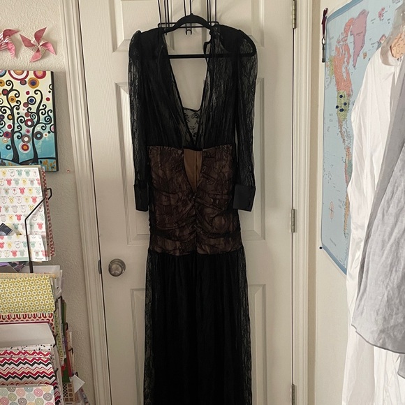 HOUSE of CB Griffe Black Lace Super Plunge Maxi Dress Sheer Black Dark Fairy - Picture 8 of 11